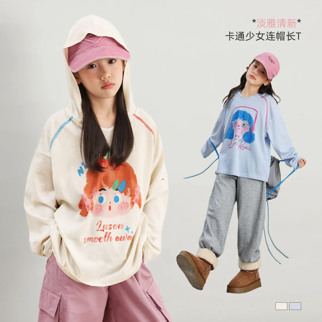 NORNOR陈大猪女童卡通T恤长袖2025秋季新款韩版连帽上衣NX570088