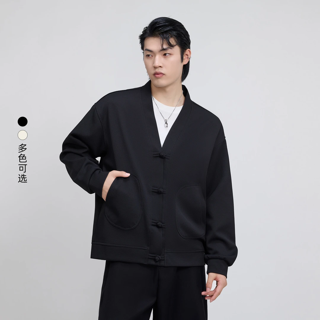 HERBEL/黑白秋季男士男生国风针织开衫修身显瘦纯色毛衣外套长袖