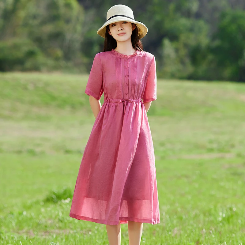 夏季高端纯苎麻连衣裙2025新款女装洋气减龄棉麻复古裙子薄款