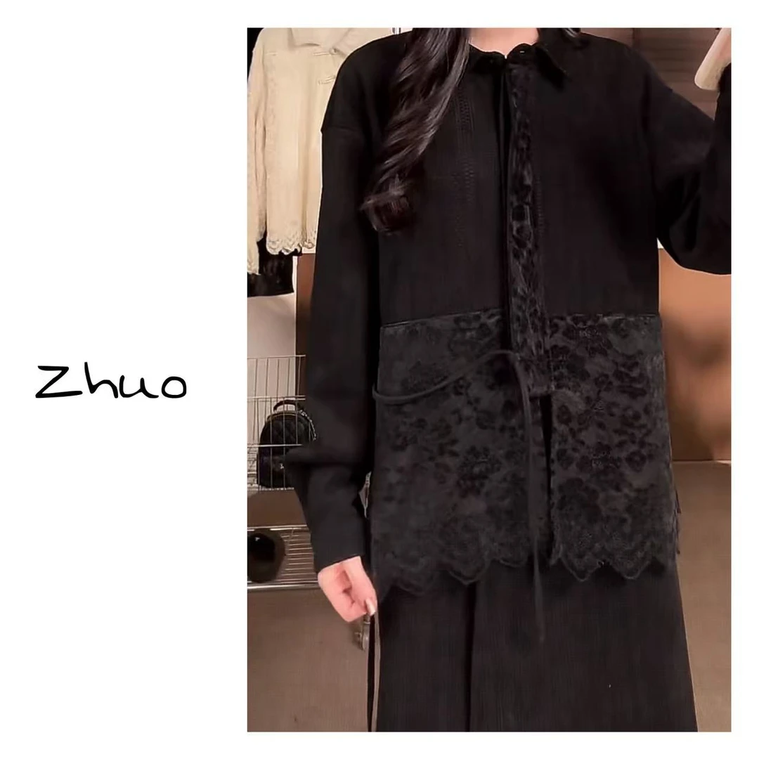 Zoe 原创【黑河雪】冬季内里加绒衬衫蕾丝黑色复古气质宽松版型