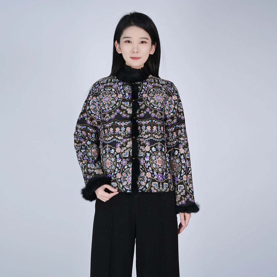 【桑蚕丝】秋冬中式重工通勤立领短款加厚保暖气质女外套WHDFI11207
