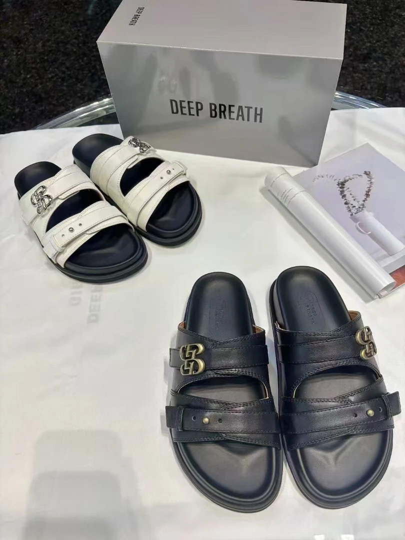 深呼吸女鞋百搭露趾牛皮厚底夏季可调节拖鞋凉鞋女款黑色凉拖鞋