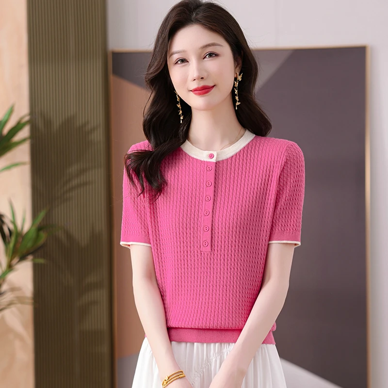 夏季短袖优雅显瘦针织衫打底衫气质夏季上衣洋气薄款宽松圆领中袖