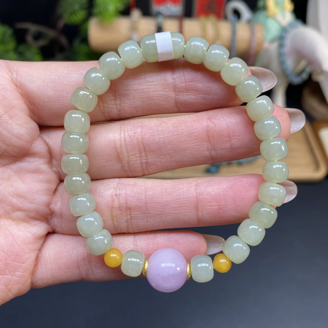 【和田玉老型珠7m手串】A585搭配蜜蜡+紫锂辉大顶珠路路通时尚女士