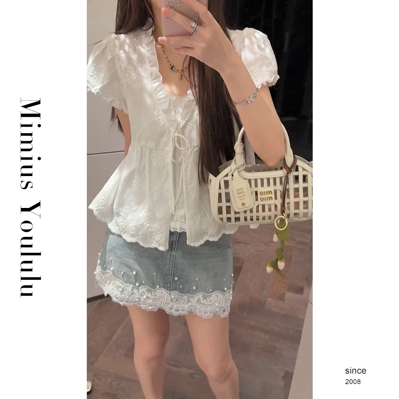 【mimius】婷婷温柔甜美风系带假两件衬衫+蕾丝拼接牛仔裙裤 G05222