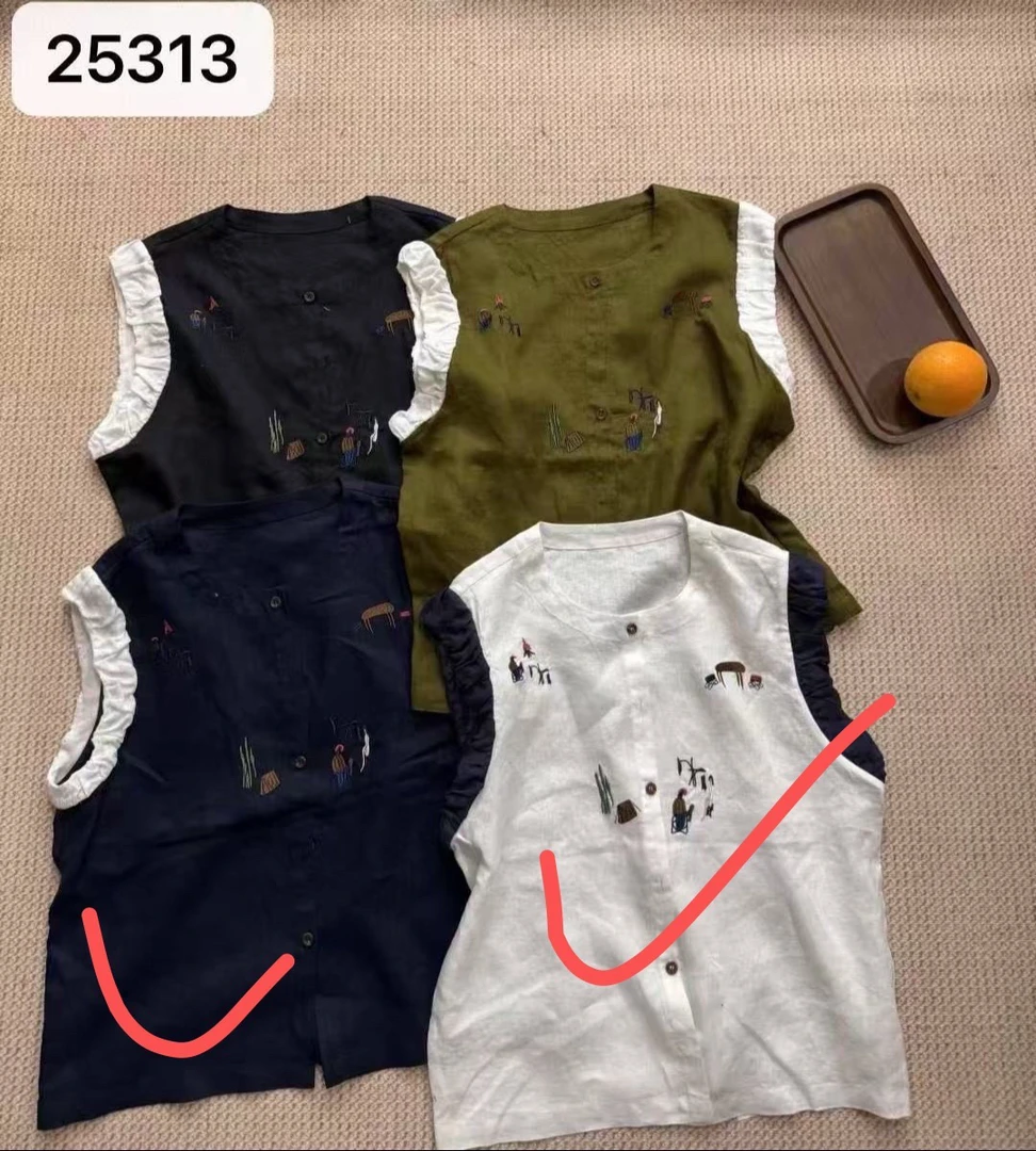 顾奈#袖口花边刺绣苎麻马甲25313