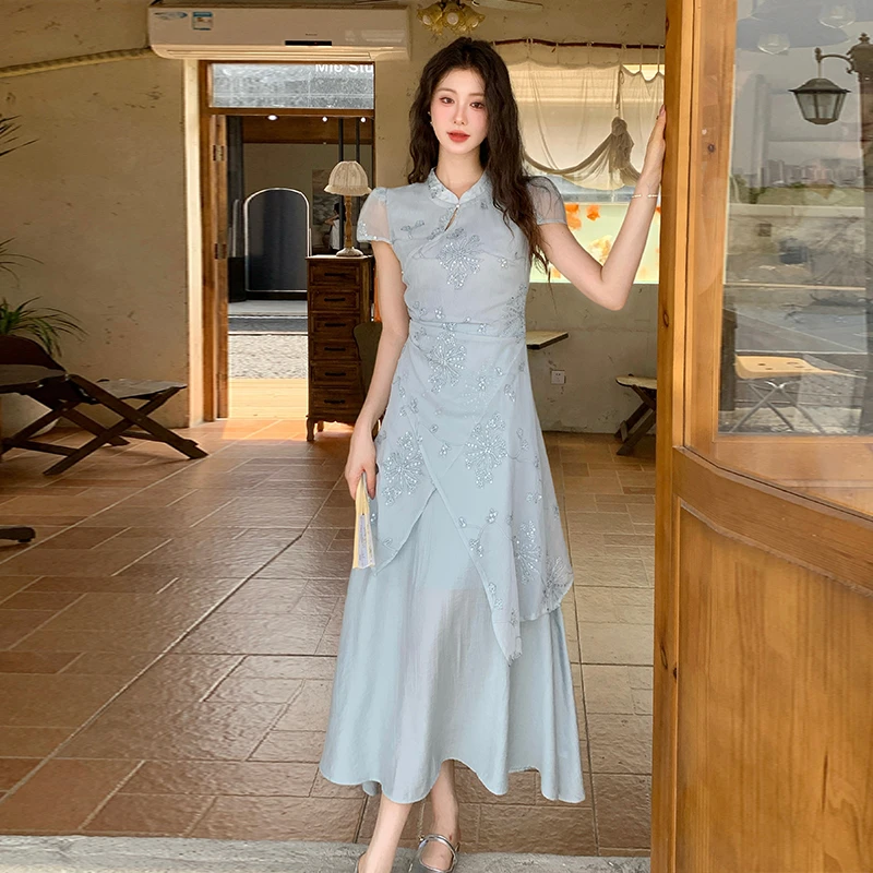 夏季新款新中式立领斜襟不规则假两件收腰显瘦气质改良旗袍连衣裙