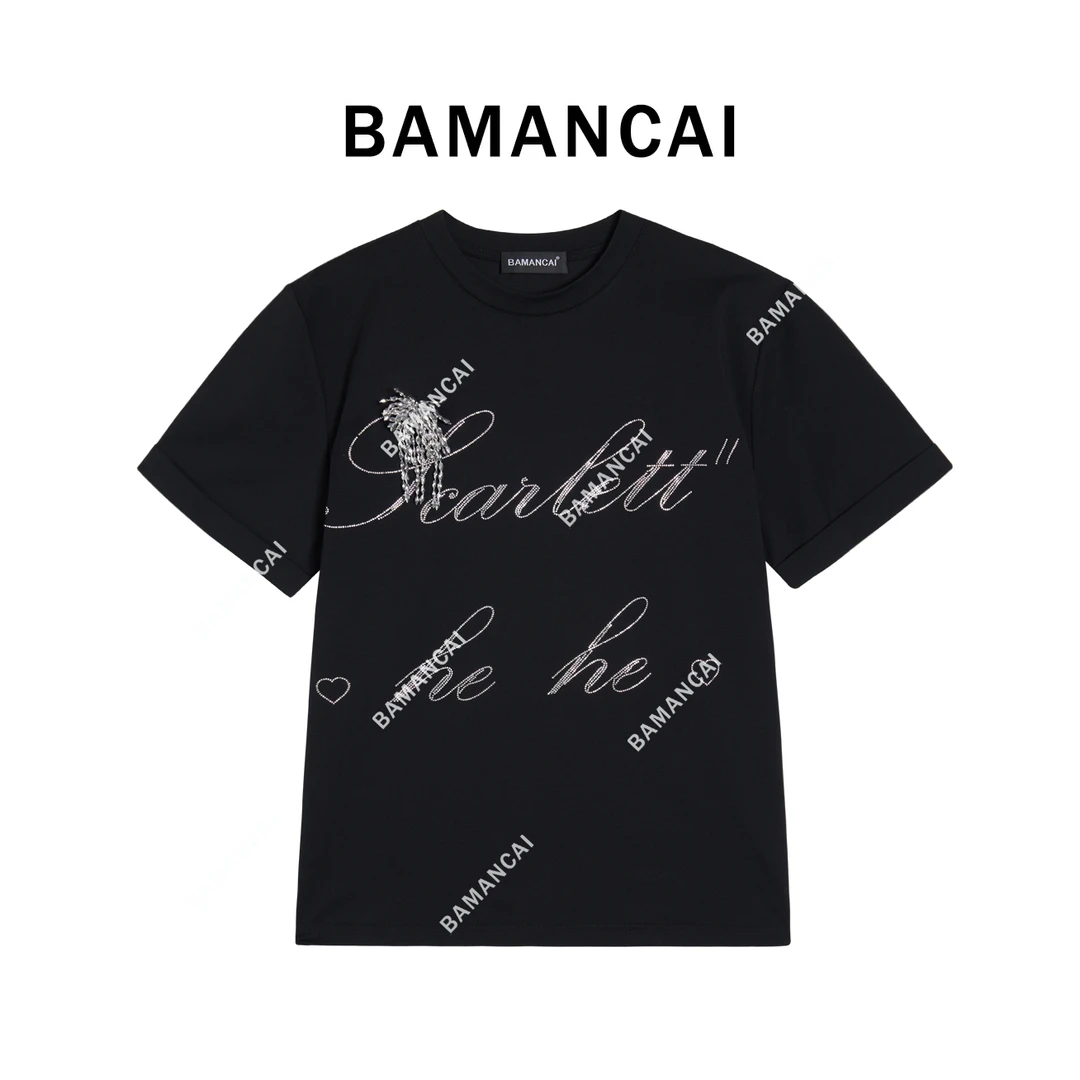 Bamancai-设计师烫钻花装饰圆领休闲宽松潮流百搭时尚上衣女短袖