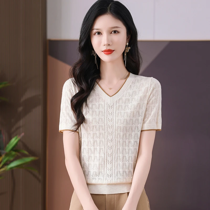 夏季100%天丝V领宽松显瘦套头百搭减龄短款时尚短袖针织衫