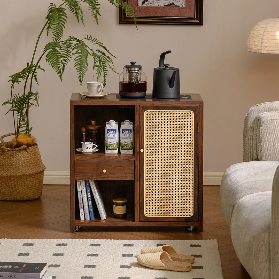 千木融北美黑胡桃木茶桌侧边柜移动茶台日式藤边茶水柜烧水壶一体