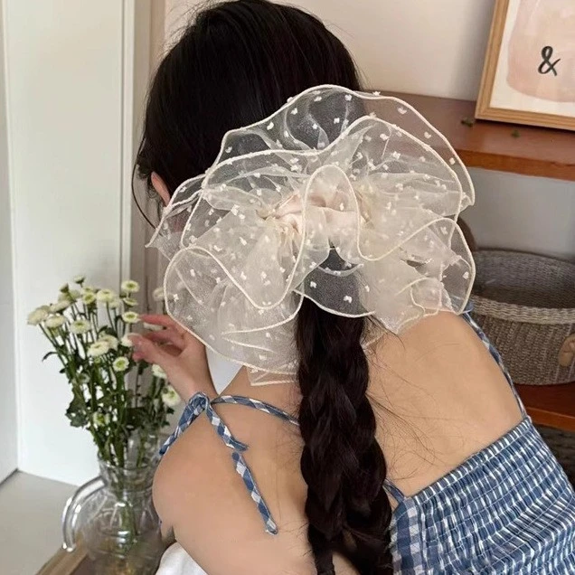 正面可以看到的！超大号波点纱纱大肠发圈韩系丸子头低马尾发绳女