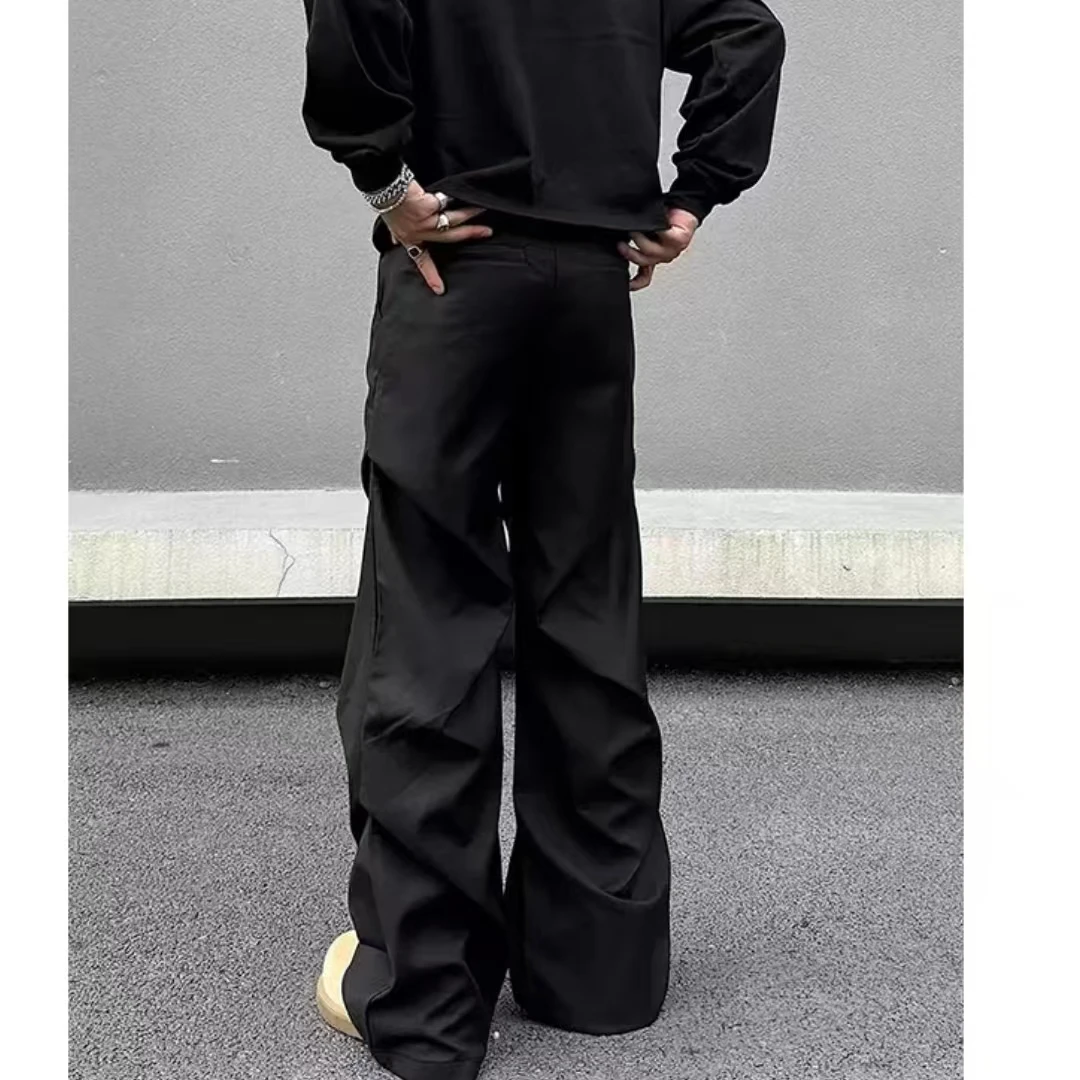 黑色褶皱设计西裤男款春秋微喇垂坠感vibe裤子cleanfit休闲阔腿裤