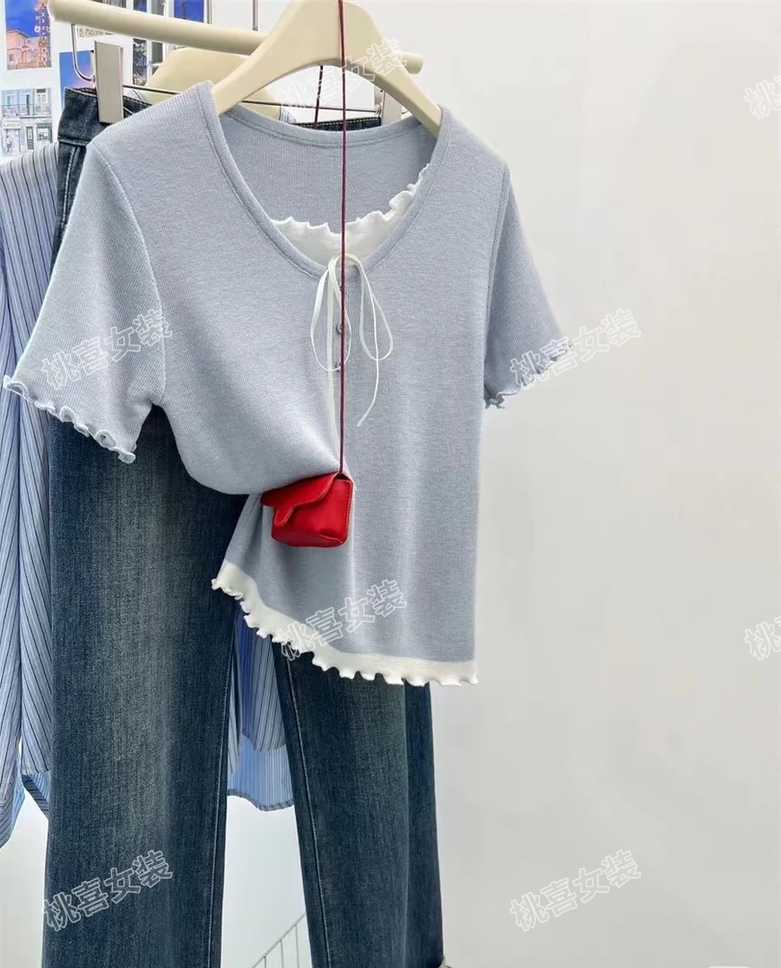 设计感蝴蝶结假两件针织短袖T恤女夏