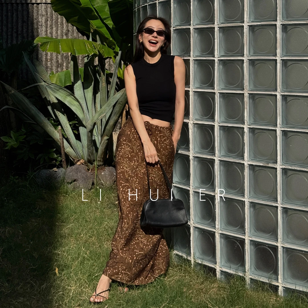 LiHuiEr李慧儿【西西里荒域】显瘦气质女咖色印花半身裙25BQ063