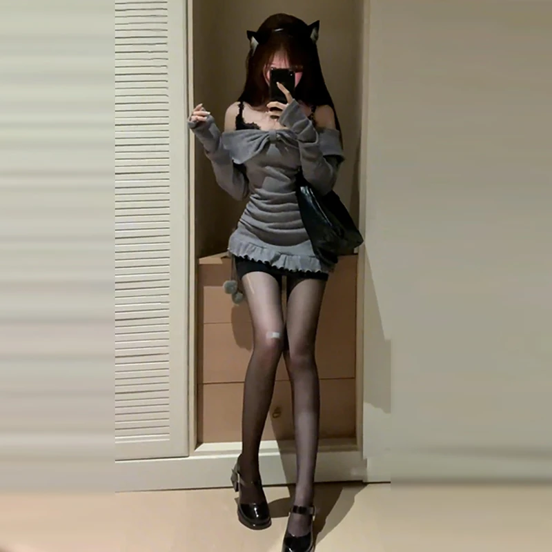 一字肩辣妹黑色吊带连衣裙子女早秋2024新款初秋韩系穿搭一整套装