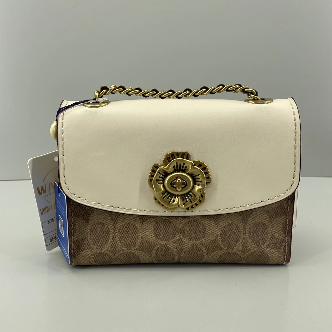 90新 COACH/蔻驰 parker18白拼老花链条包18x13x7cmE070906