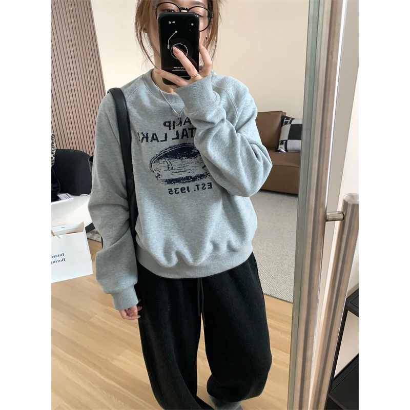 JMHH【减龄】圆领套头插肩袖卫衣女秋冬加绒宽松显瘦长袖印花上衣