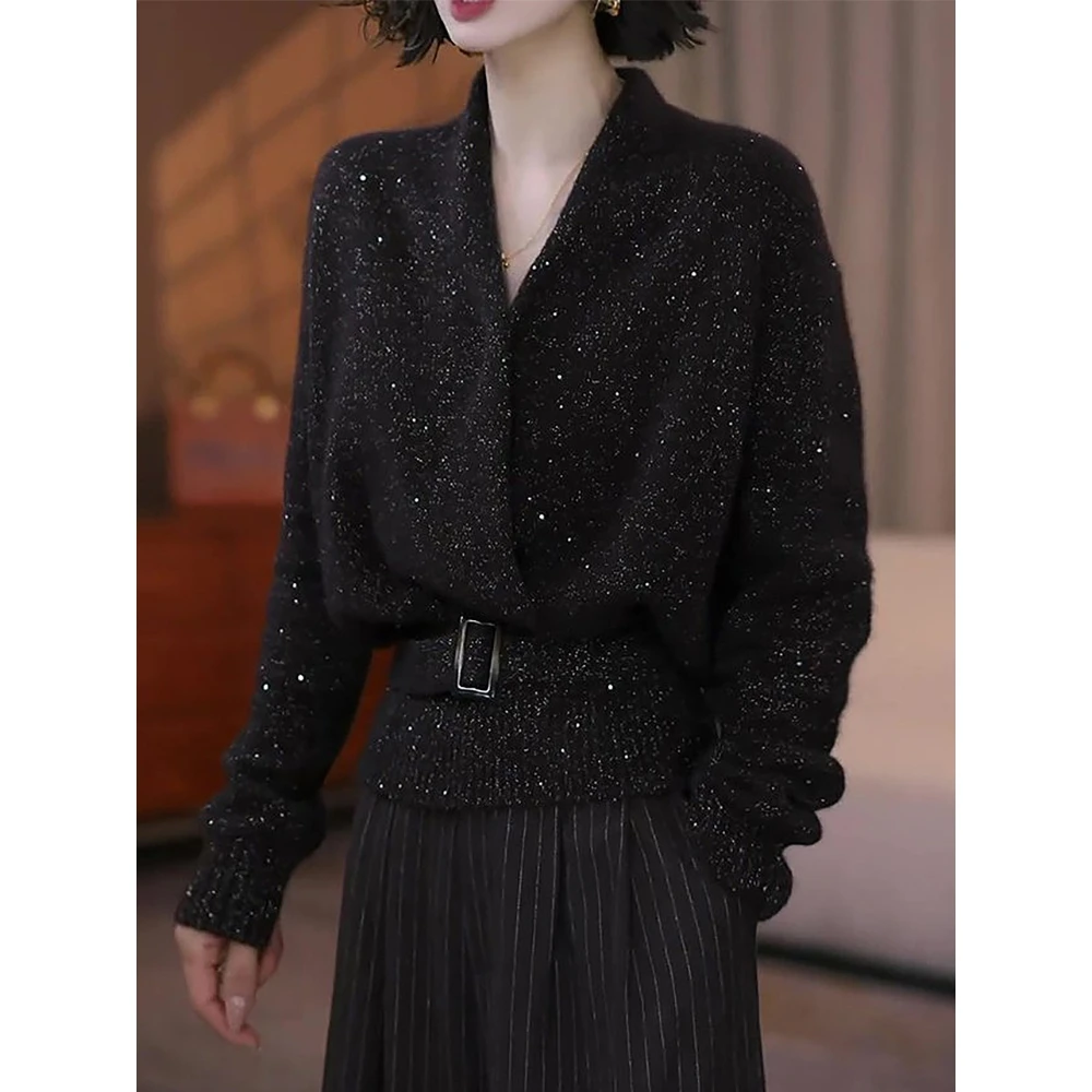 黑色V领毛衣开衫女士秋冬慵懒风软糯减龄系带收腰针织衫外套上衣