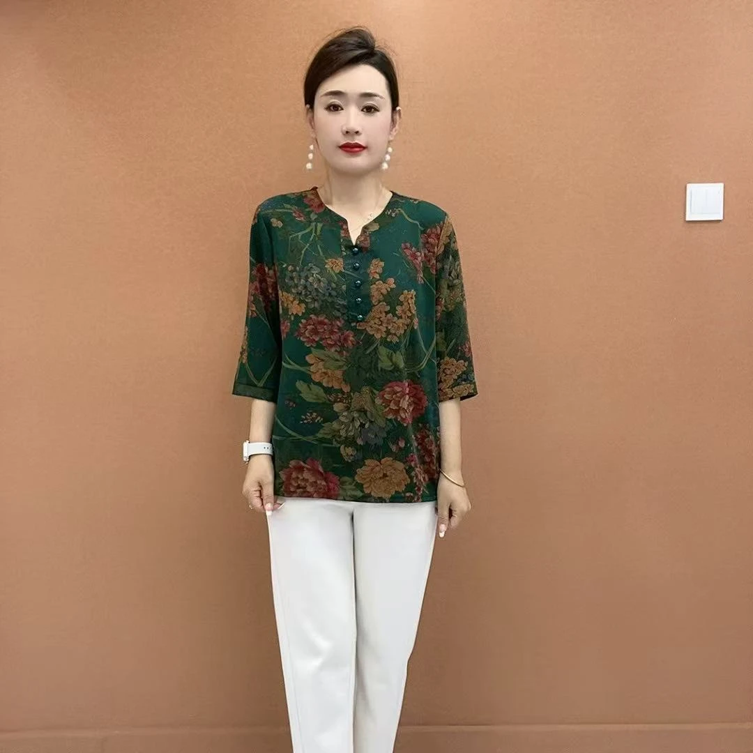 中袖印花洋气休闲小衫显瘦遮肉百搭上衣妈妈装