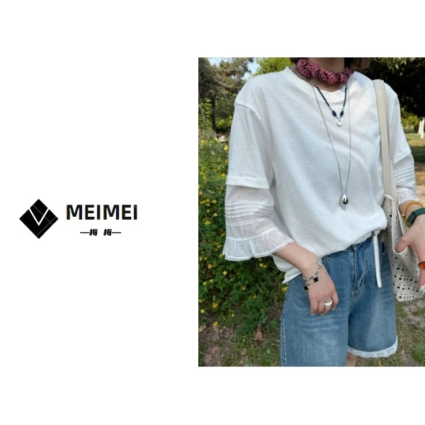 XMM.【花边袖短袖t】时尚百搭潮流显瘦洋气休闲纯色宽松蕾丝-JY8656