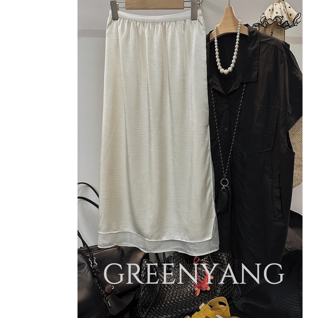 老羊家~小众设计缎面女款开叉半身裙2025夏新款高腰显瘦气质长裙