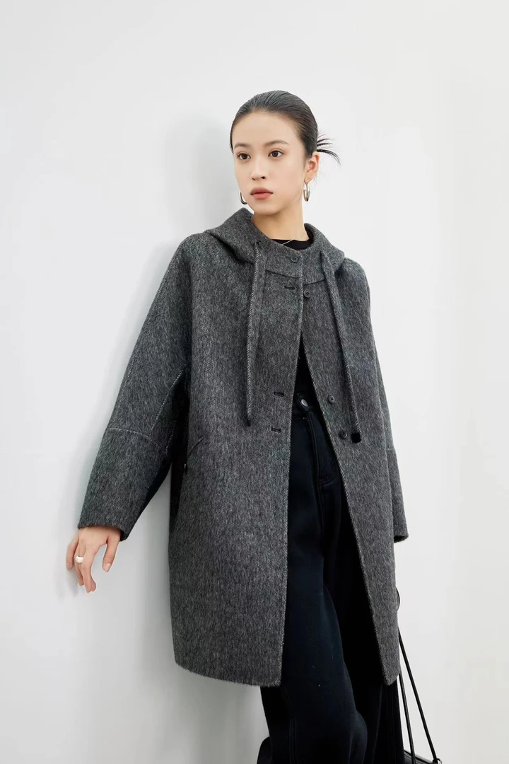连帽羊绒大衣女2024秋冬新款韩版休闲加厚中长款时尚骆驼绒外套