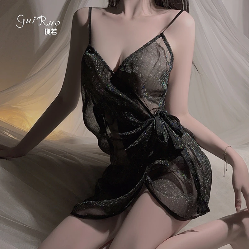 性感纯欲亮丝深V诱惑火辣开叉夜店风大码女睡裙夏季薄款系带