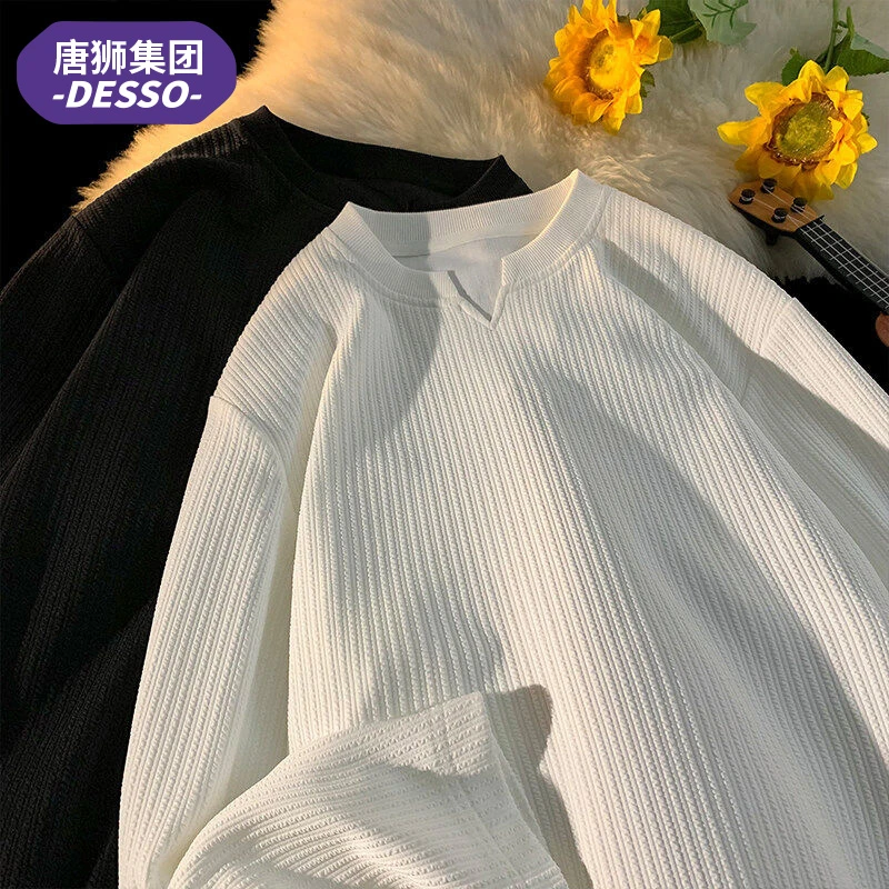 唐狮集团DESSO慵懒风长袖t恤男春季宽松百搭情侣款圆领打底衫上衣