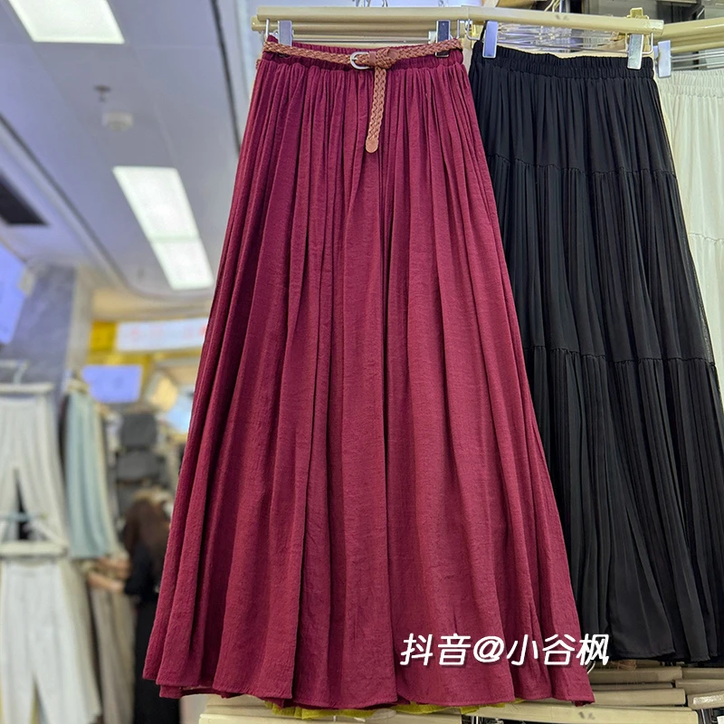 洋气新中式大摆A字裙酒仿棉麻半身裙女夏季2025新款百褶长裙子