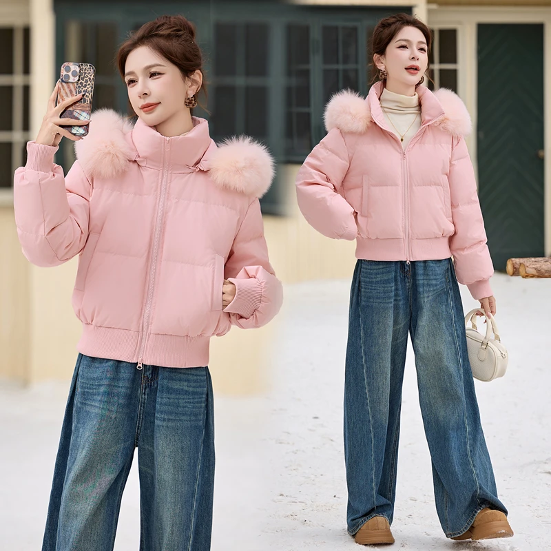 狐狸毛领连帽羽绒服女2025冬季新款小个子洋气减龄白鸭绒短款外套