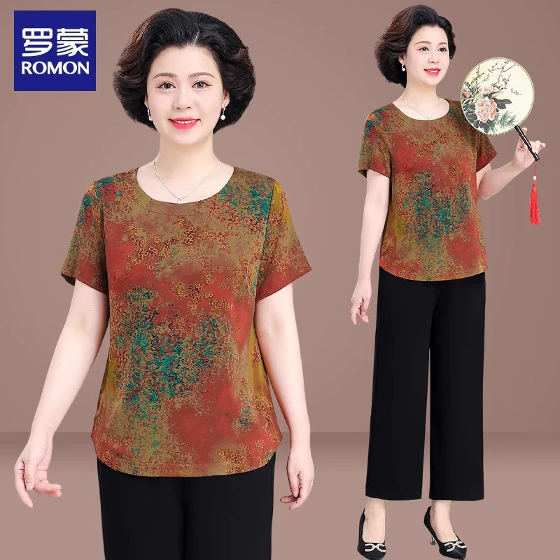 罗蒙妈妈夏装短袖上衣两件套2025新款中老年人女老太太衣服奶奶装