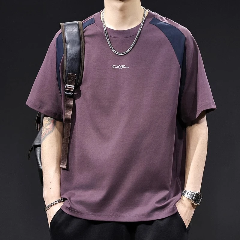 新款潮牌美式高端重磅撞色短袖t恤男士夏季2025大码字母插肩体恤
