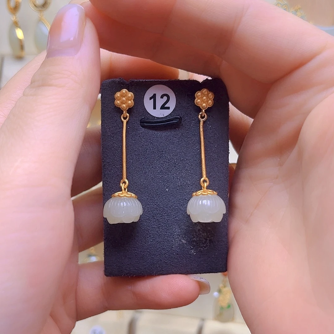 和田玉银S925镀金镶嵌耳饰