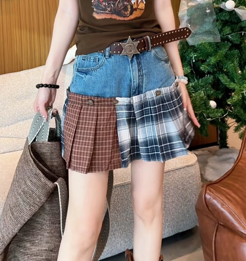 z4595 CC推荐 拼接设计感减龄格子百褶裙短裙