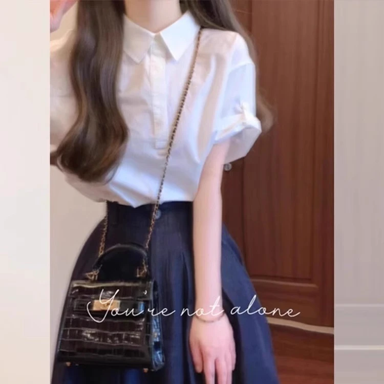 小个子独特漂亮套装女夏季白色短袖衬衫高腰半身裙减龄洋气两件套