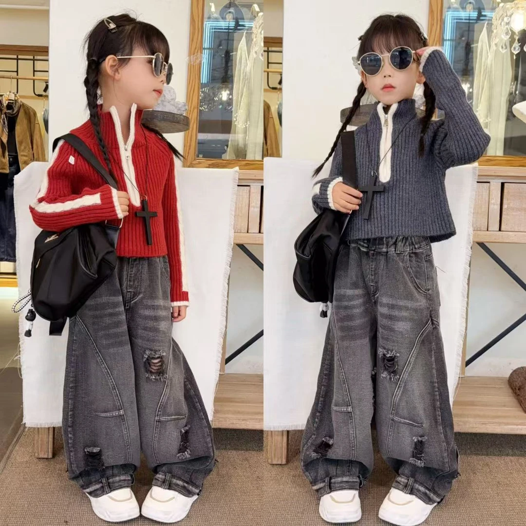韩版女童半拉链毛衣牛仔裤套装秋冬新款洋气宽松弯刀裤两件套