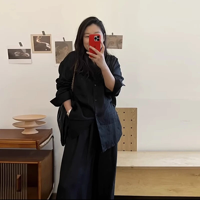 松弛感穿搭黑色亚麻衬衫套装女夏季休闲慵懒防晒衬衣阔腿裤两件套