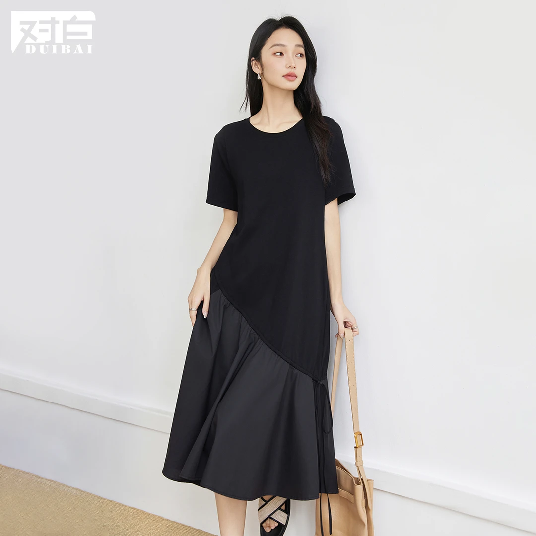 【女装优选WL】对白不规则拼接黑色连衣裙女2025夏宽松T恤裙FDQ119