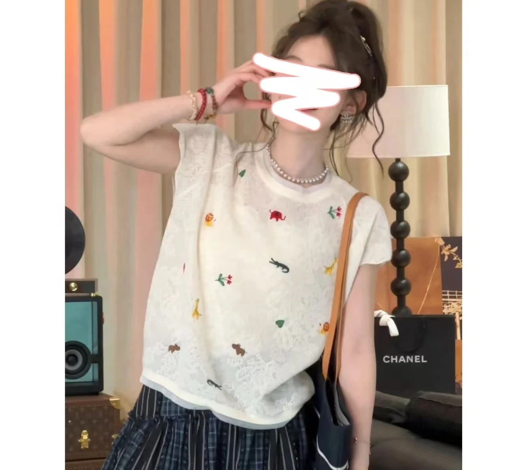 【高定刺绣】甜美卡通绣花短袖针织衫女2024夏季新款圆领设计感