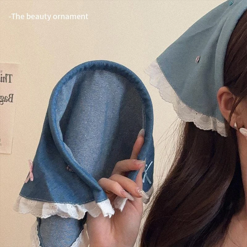 多巴胺牛仔蓝三角巾发箍女2025年新款甜酷辣妹拍照发箍包头巾