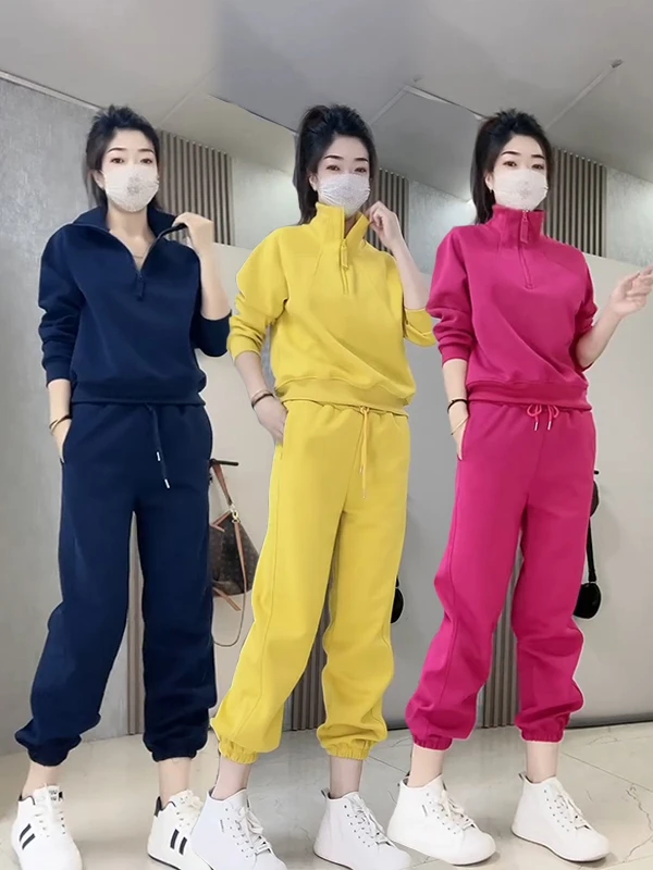 休闲运动套装2025新款时尚宽松纯色净版拉链立领简约束腿裤女装