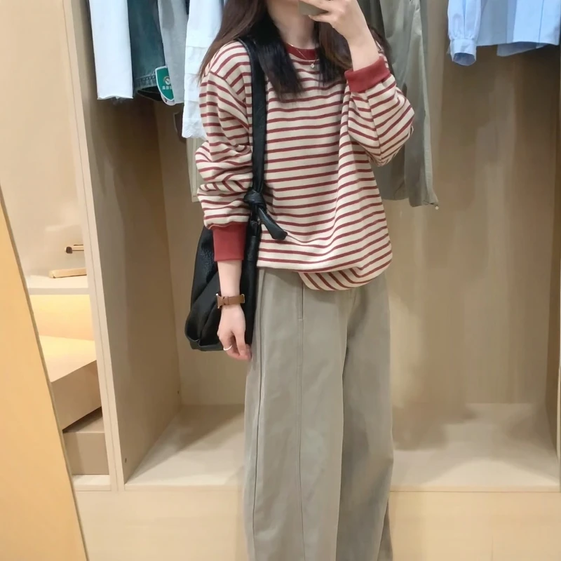 美式复古慵懒松弛感条纹卫衣女2025秋冬新款宽松百搭长袖套头上衣