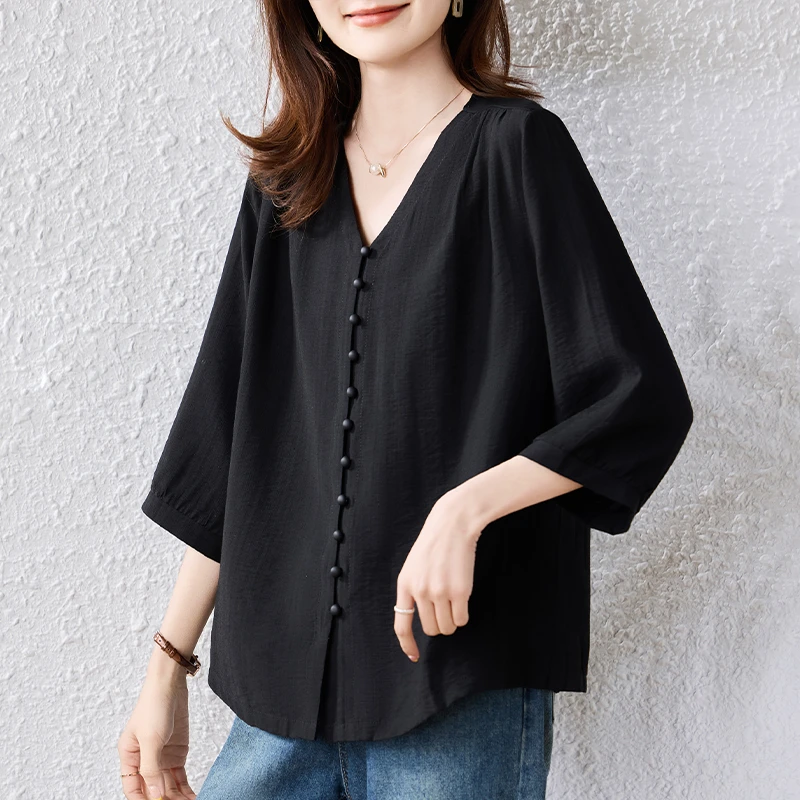 黑色衬衫女夏季2025宽松遮肚子显瘦减龄时尚气质大码小衫短袖上衣