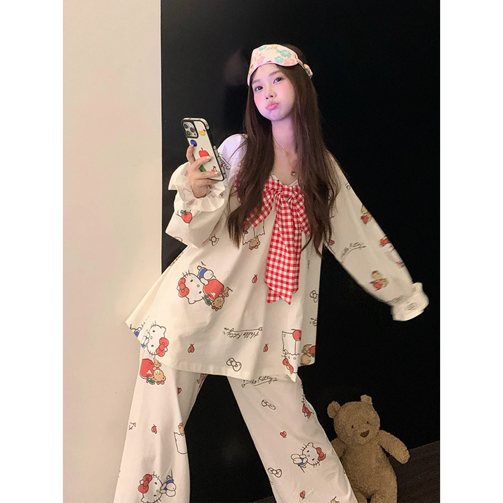 甜美少女可爱蝴蝶结Kitty印花睡衣女夏季新款长袖长裤家居服套装