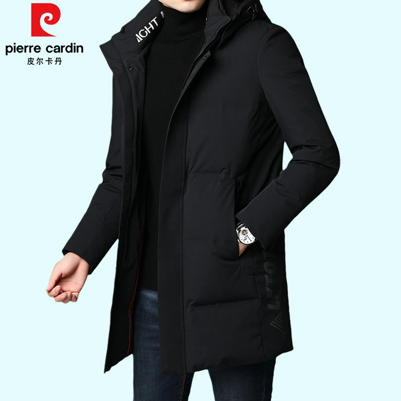 皮尔卡丹男士白鸭绒中长款羽绒服冬季加厚保暖中青年连帽防风外套