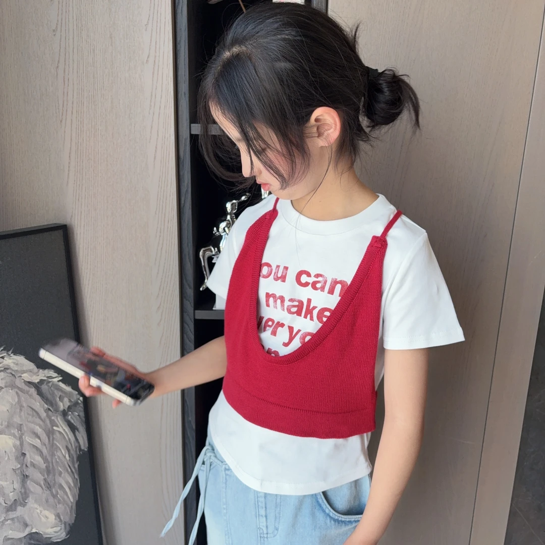 现【夏日摇滚】新款女童设计款真两件叠穿气质t恤短袖AL2511