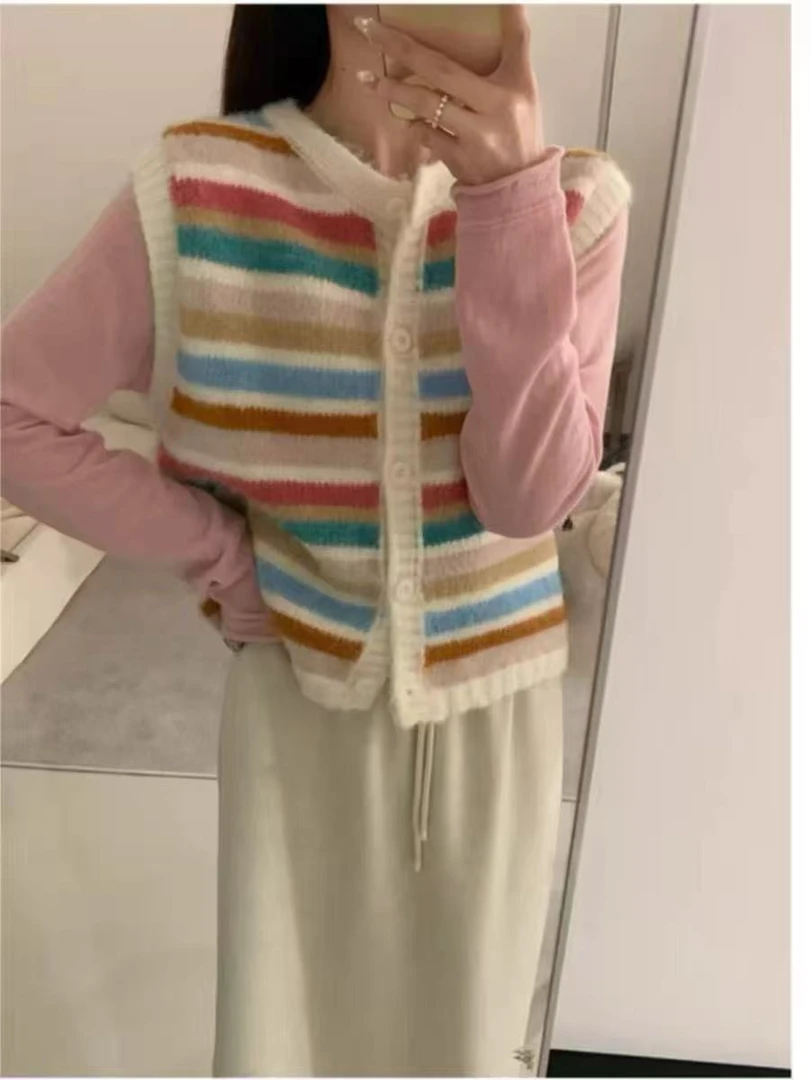 M3019 多巴胺少女 韩系春秋冬条纹针织开衫女