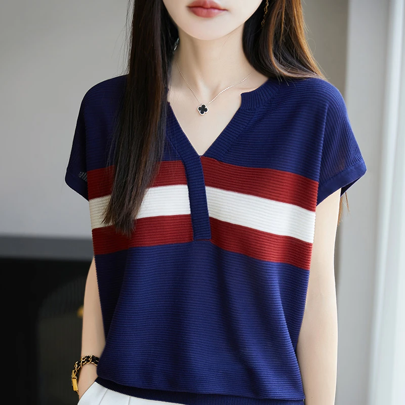 女韩版宽松女士冰丝上衣韩版拼色撞色百搭018针织衫条纹薄款夏季