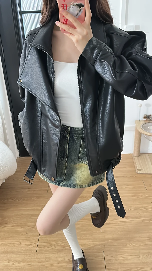 小小仟 美式拽姐 杨树林春复古机车翻领夹克高级感皮衣外套女