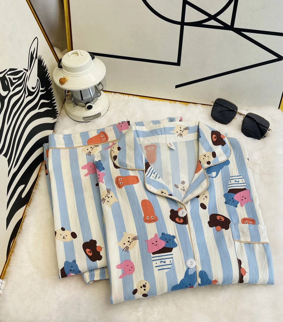 【蓝色竖条纹】薄款睡衣女夏季短袖长裤夏季甜美可爱居家服套装